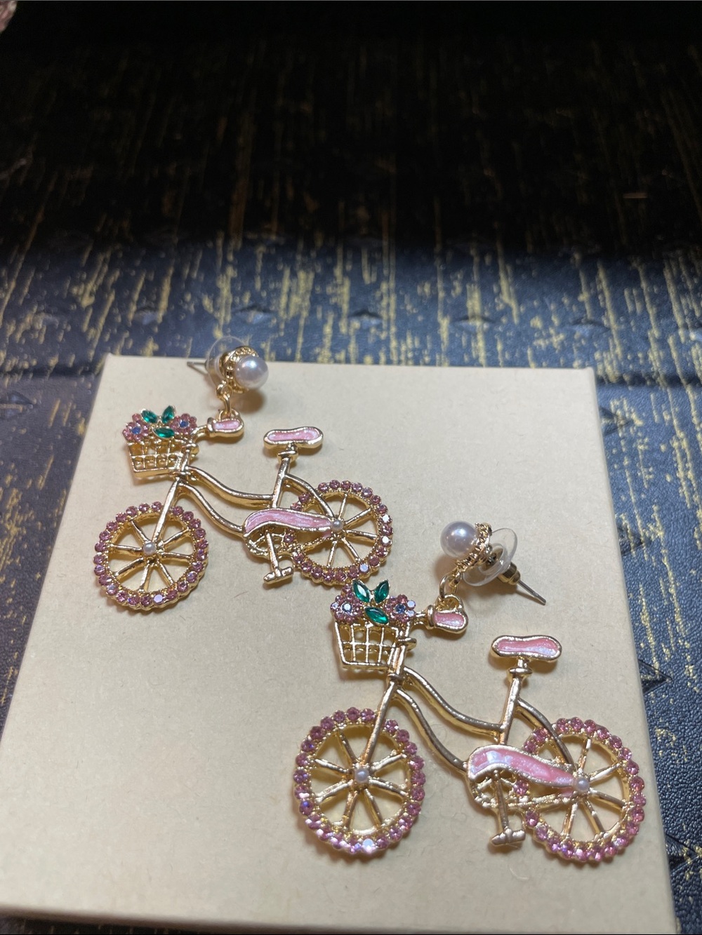 Gold-Tone Pink Crystal Bicycle Drop Earrings with Pearl Stud